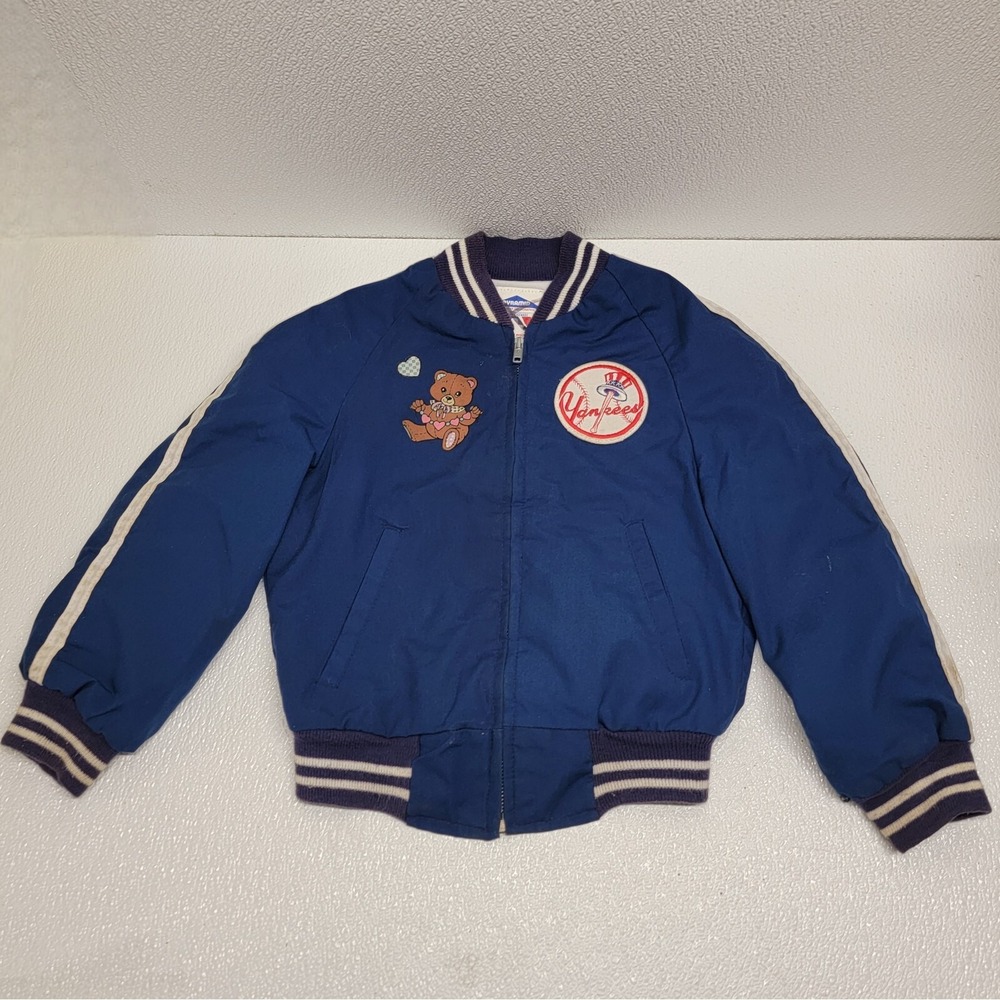 Vtg MLB New York Yankees Teddy Bear Full Zip Track Bomber Jacket Youth Size 7
